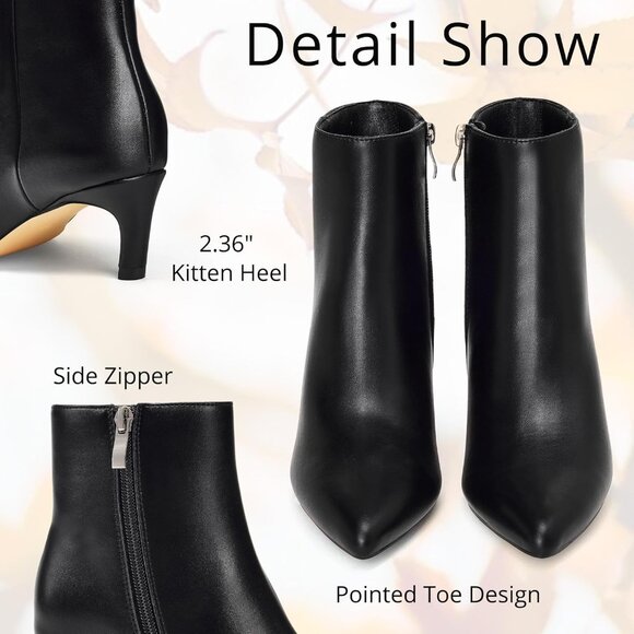 Women's Matte Black Pointed Toe Ankle Boots Side Zipper Low Kitten Heel Booties - Picture 4 of 6